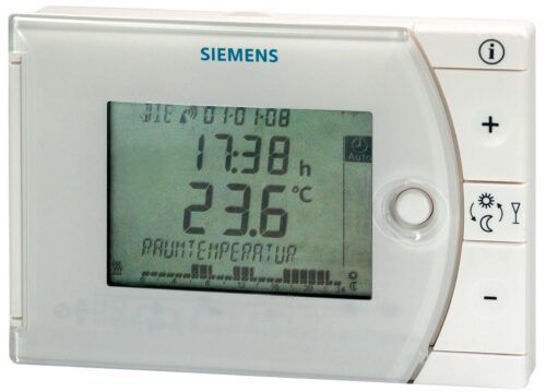 Siemens REV 24 (REV24) regulátor teploty miestností, PID-reg.,týžd.program, bat.napáj.3V DC,3-35˚C, prepín.kontakty 24-250V, kont. pre telef. spínač, podsvietený displej